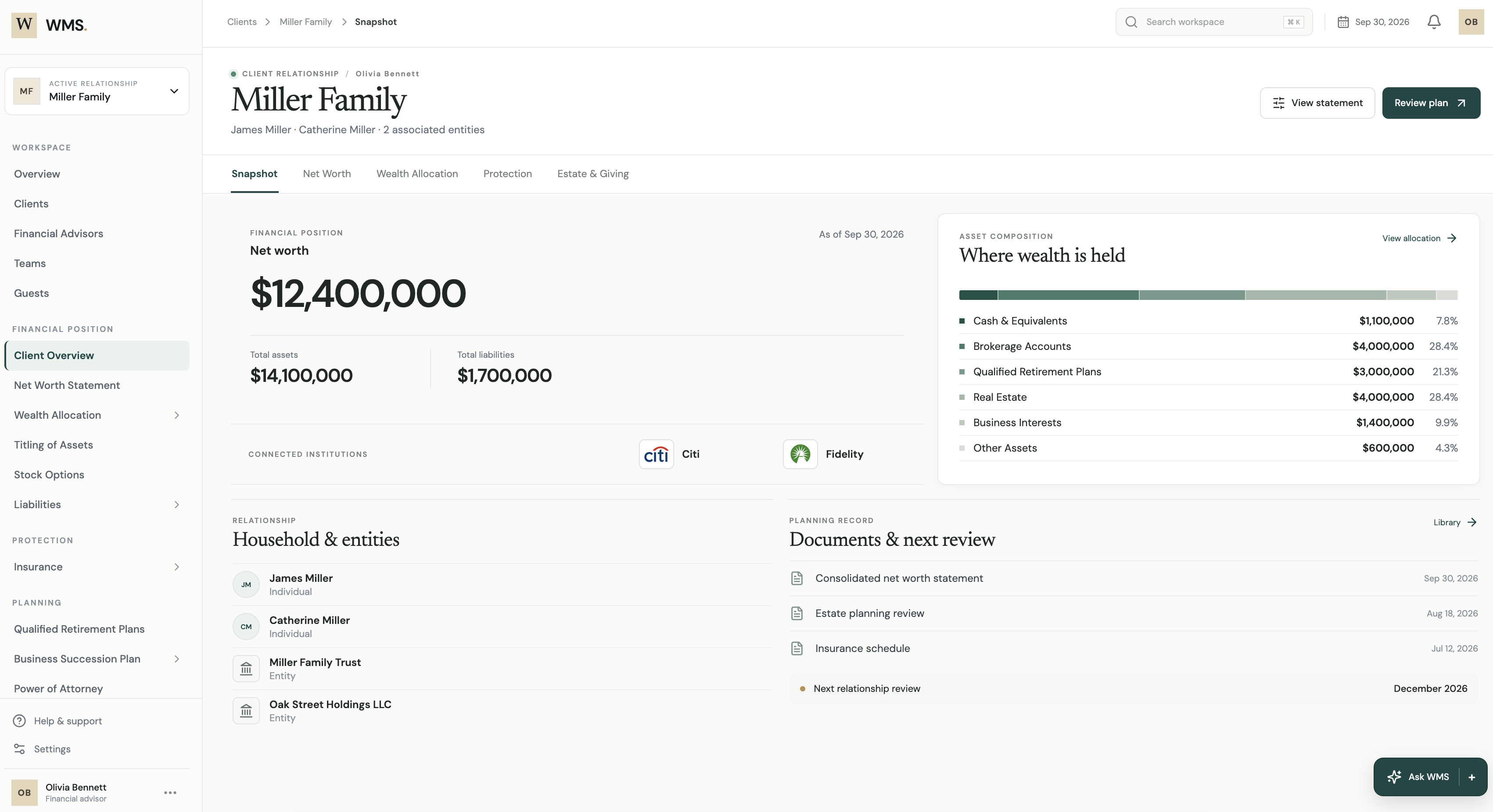 WMS advisor workspace showing household financial reporting and relationships