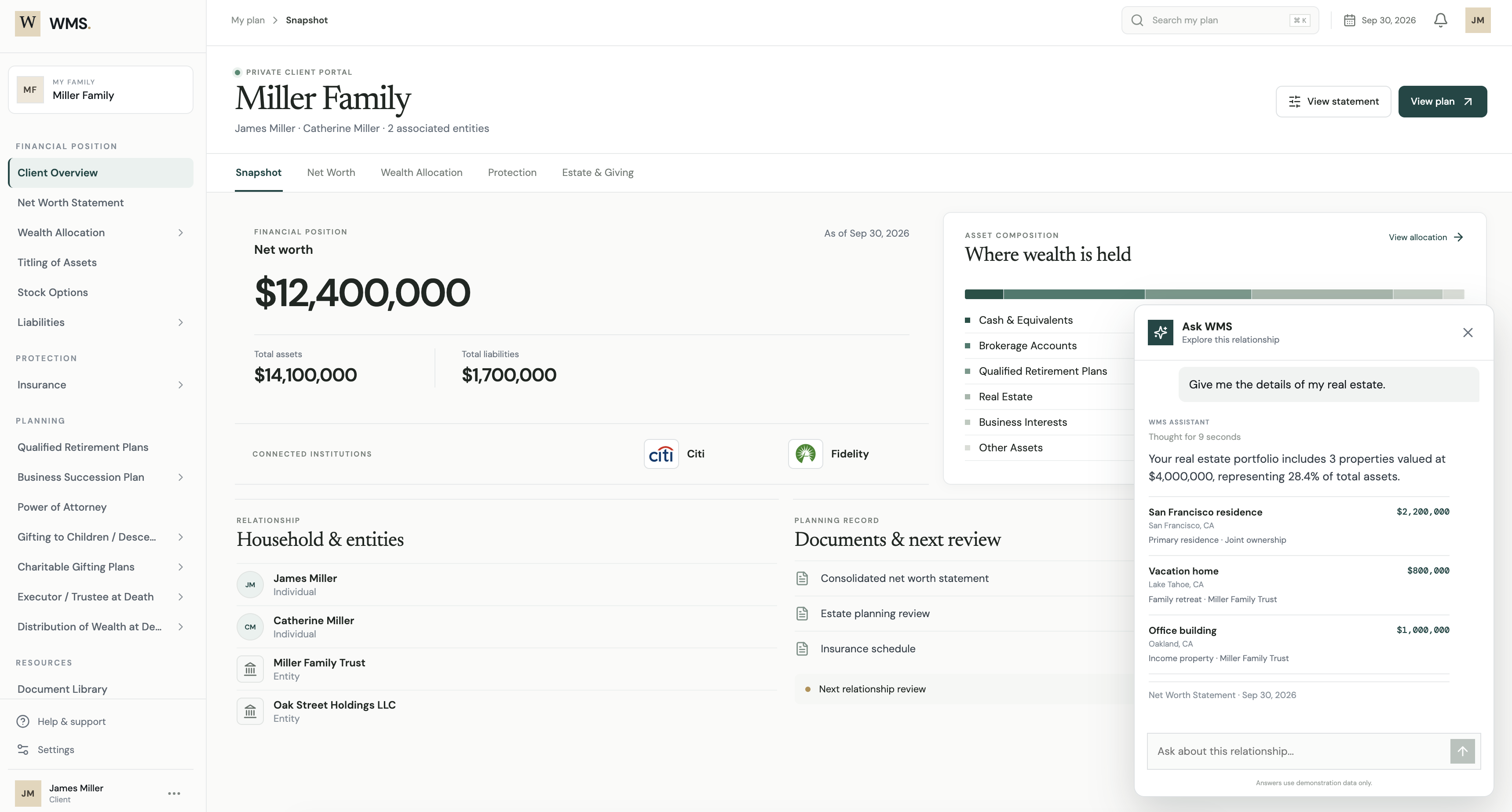 WMS client portal with household net worth, asset composition, and planning records